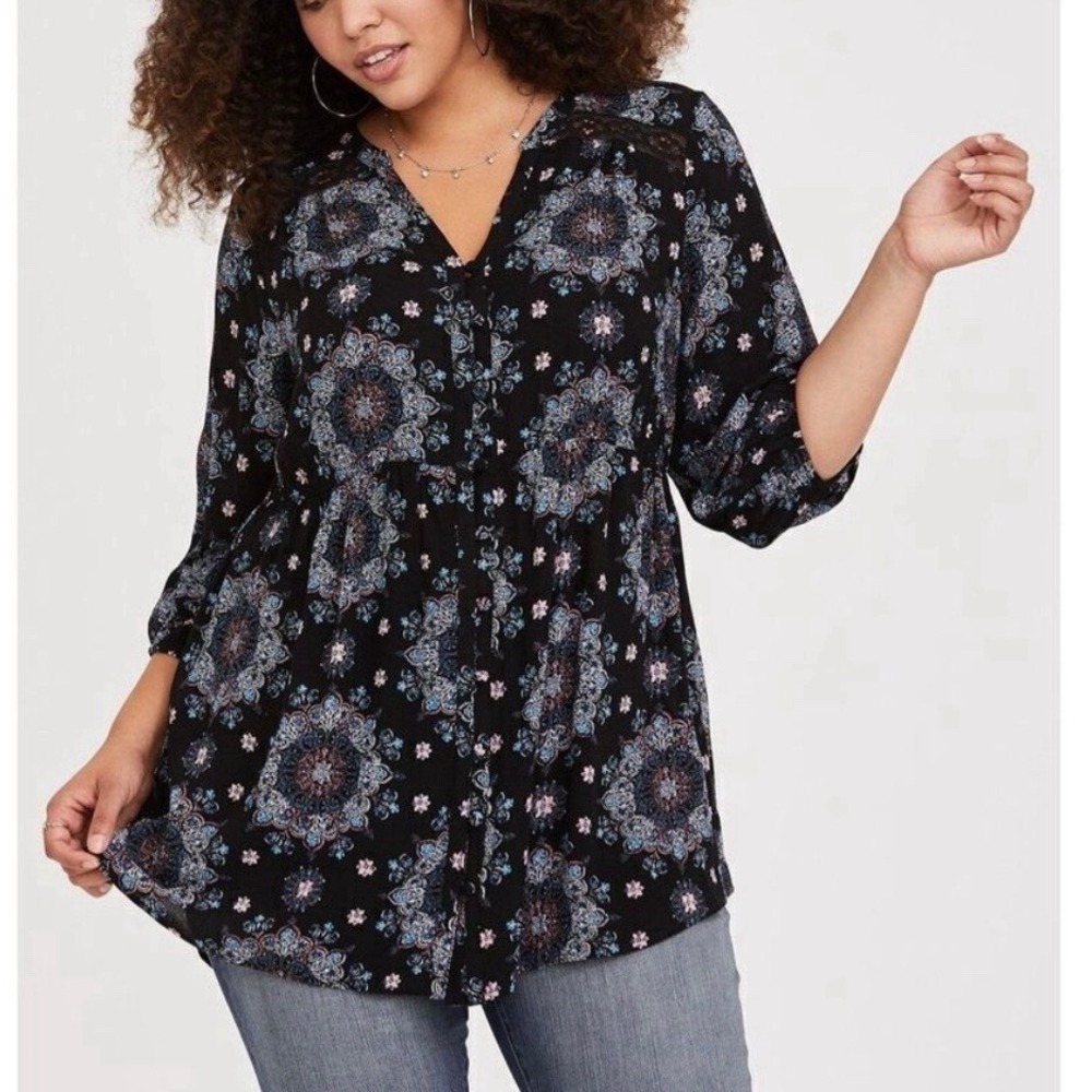 Torrid Colorful Floral Mandala Button Up Babydoll Gauze Tunic Size 1X